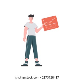 A man holds a panel with analyzers and indicators in his hands. IoT concept. Isolated. Trendy flat style. Vector.