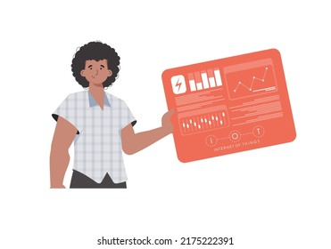 A man holds a panel with analyzers and indicators in his hands. Internet of things concept. Isolated. Trendy flat style. Vector.