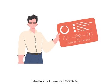 Un hombre sostiene un panel con analizadores e indicadores en sus manos. Internet de las cosas y concepto de automatización. Aislado. Ilustración vectorial en estilo plano.
