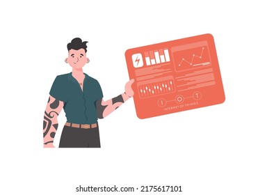 A man holds a panel with analyzers and indicators in his hands. IoT concept. Isolated. Vector illustration in flat style.