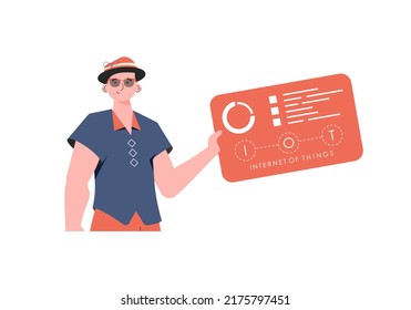 A man holds a panel with analyzers and indicators in his hands. Internet of things and automation concept. Isolated. Trendy flat style. Vector.