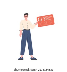 A man holds a panel with analyzers and indicators in his hands. IoT concept. Isolated. Vector illustration.