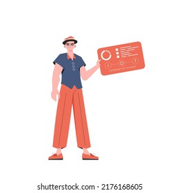 A man holds a panel with analyzers and indicators in his hands. Internet of things concept. Isolated. Vector illustration in trendy flat style.