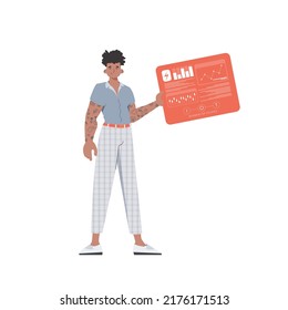 A man holds a panel with analyzers and indicators in his hands. IOT and automation concept. Isolated. Vector illustration in flat style.