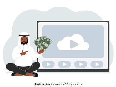 A man holds paper banknotes in his hand, next to a computer with a video. Freelancer, earning money, working on the Internet, training, coaching, business, remote work. Vector flat illustration