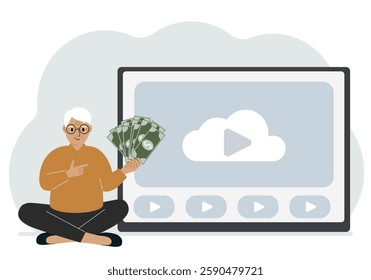 A man holds paper banknotes in his hand, next to a computer with a video. Freelancer, earning money, working on the Internet, training, coaching, business, remote work. Vector flat illustration