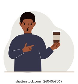 A man holds a paper cup with coffee. Vector flat illustration