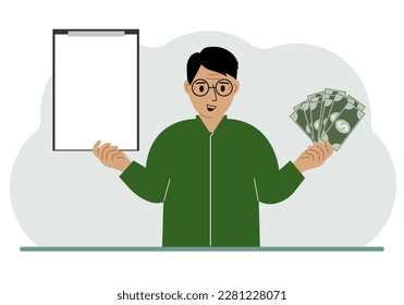 A man holds a lot of paper money in one hand and in the other a clipboard empty for text. Concept for advertising banner or poster of earning or saving money.