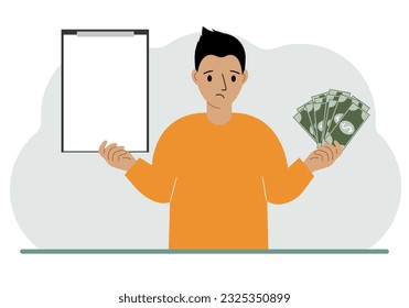 A man holds a lot of paper money in one hand and in the other a clipboard empty for text. Concept for advertising banner or poster of earning or saving money. Vector flat illustration