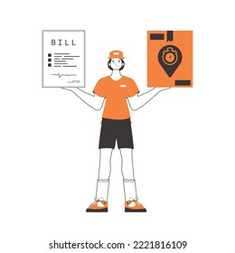 A man holds a parcel and a check in his hands. Delivery concept. Linear trendy style. Isolated on white background. Vector illustration.