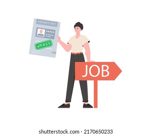 Un hombre se somete a una prueba de vacante en sus manos. Concepto de búsqueda de empleo. Estilo de tendencia, ilustración vectorial.