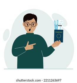 A man holds a passport with air tickets. The man shows the boarding pass. Travel concept. Vector flat illustration