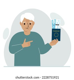 A man holds a passport with air tickets. The man shows the boarding pass. Travel concept. Vector flat illustration