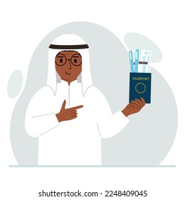 A man holds a passport with air tickets. The man shows the boarding pass. Travel concept. Vector flat illustration