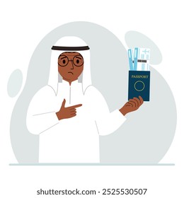 A man holds a passport with air tickets. The man shows the boarding pass. Travel concept. Vector flat illustration