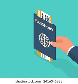 Man holds passport with tickets in hand. ID documents. Passport for travel and tourism. Personal identification. Vector illustration isometric design. Isolated on white background.