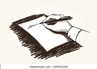 A man holds a pen in his hand and writes a letter on white paper. Vector hand drawn sketch.