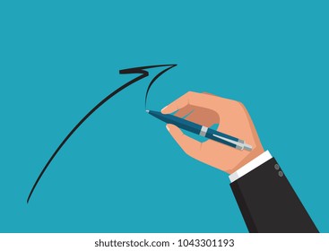 Man holds a pen and writes. Pen in hand.  Vector isolated illustration, flat design.