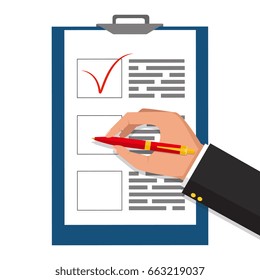 Man holds a pen and writes. Pen in hand.  Vector isolated illustration, flat design.