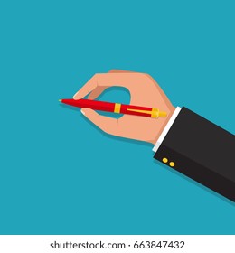 Man holds a pen and writes. Pen in hand.  Vector isolated illustration, flat design.