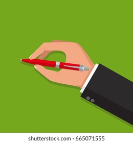 Man holds a pen and writes. Pen in hand.  Vector isolated illustration, flat design.