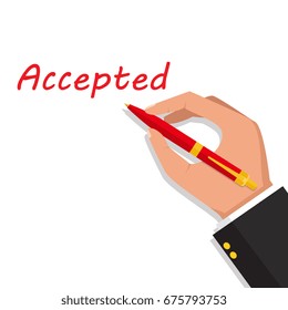 Man holds a pen and writes. Pen in hand.  Vector isolated illustration, flat design.