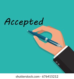 Man holds a pen and writes. Pen in hand.  Vector isolated illustration, flat design.