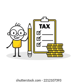 Man Holds A Pencil And Check Step By Step Checklist To Progress And Finish Calculate Tax. Hand Drawn Doodle Boy. Professional Concept Vector Stock Illustration Isolated On White Background