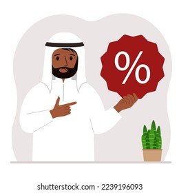 A man holds a percent sign in his hand. The concept of percentage, discount, promotion, interest rate, percent discount in shopping. Vector flat illustration