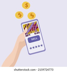 A man holds a phone with a crypto wallet in his hands and wants to sell an NFT picture, make a profit. Vector graphics