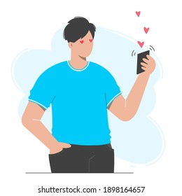 Man holds a phone in his hand, he has received a love message. The concept of web love, online dating. Romantic date video illustration