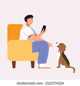 A man holds a phone in his hand and sits in a yellow chair. The dog sits and looks at the owner. The dog is waiting. Beagle. Vector modern illustration