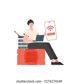 A man holds a phone with the IoT logo in his hands. IoT concept. Vector.