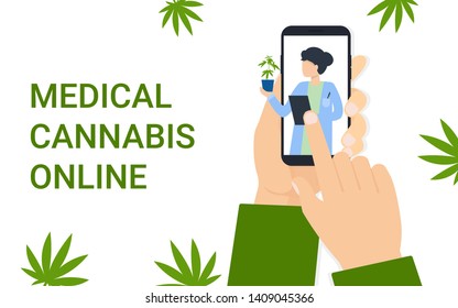 Man holds the phone and orders delivery. Medical marijuana, medical cannabis online. Flat vector illustration.