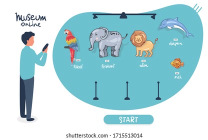 man holds phone, visit online museum, zoo gallery, watches animals. Interactive museum exhibition. Virtual Museum online in Smartphone. Elephant, parrot, dolphin , lion. Vector flat concept