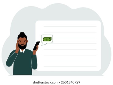 A man holds a phone to which a message about money has arrived. The concept of online earnings, income generation.