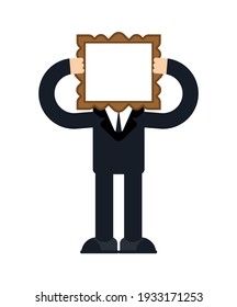 Man holds picture in frame instead of head