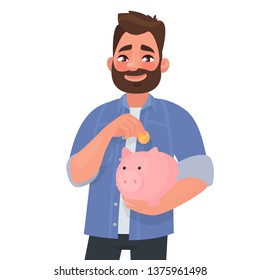 Man holds a piggy bank. Concept of saving finances. Vector illustration in cartoon style