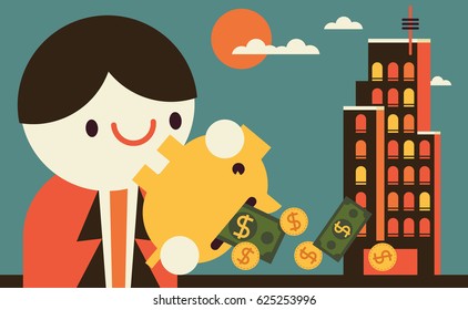 Man holds a piggy bank filled with coins and bills and drops the into a corporate building