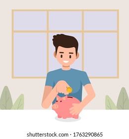 Man holds a piggy bank, Saving finances, Flat vector illustration