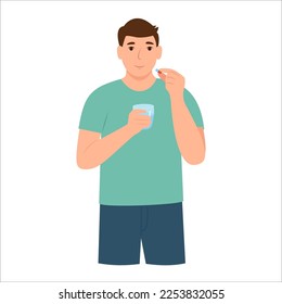 Man holds a pill in her hand and intends to take it. Guy taking  vitamin or supplement capsule pill with water.Medication treatment, pharmacy and medicine, concept. Vector illustration