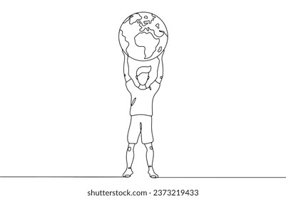 A man holds a planet above his head. International Men's Day. One line drawing for different uses. Vector illustration.