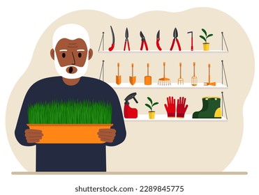 A man holds a plant in his hands against the background of gardening tools. Gardening concept. Vector flat illustration.