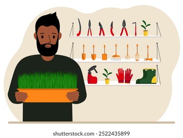 A man holds a plant in his hands against the background of gardening tools. Gardening concept. Vector flat illustration.