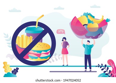 Man holds plate with different vegetables and fruits. Woman thinks to give up unhealthy foods. Concept of refusal of junk food and healthy lifestyle. Various fast food banned. Flat vector illustration
