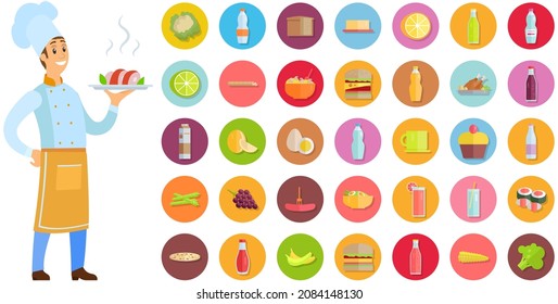 Man holds plate with ready-made meal. Restaurant service, breakfast or dinner dish vector illustration. Kitchener serving dish from chef, food at cafe. Male character with hot meat on plate