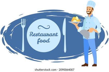 Man holds plate with ready-made meal. Restaurant service, breakfast or dinner dish. Kitchener serves dish from chef, food at cafe. Serving restaurant food concept. Cook stands with boiled potatoes