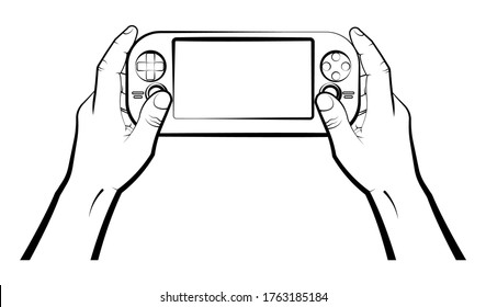 man holds a portable game console, controller for a game. Isolated vector on white background