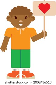 A man holds a poster with a picture of a heart. Drawn characters. Flat design.