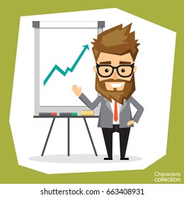 A man holds a presentation on flip chart. Vector illustration in a flat style.
